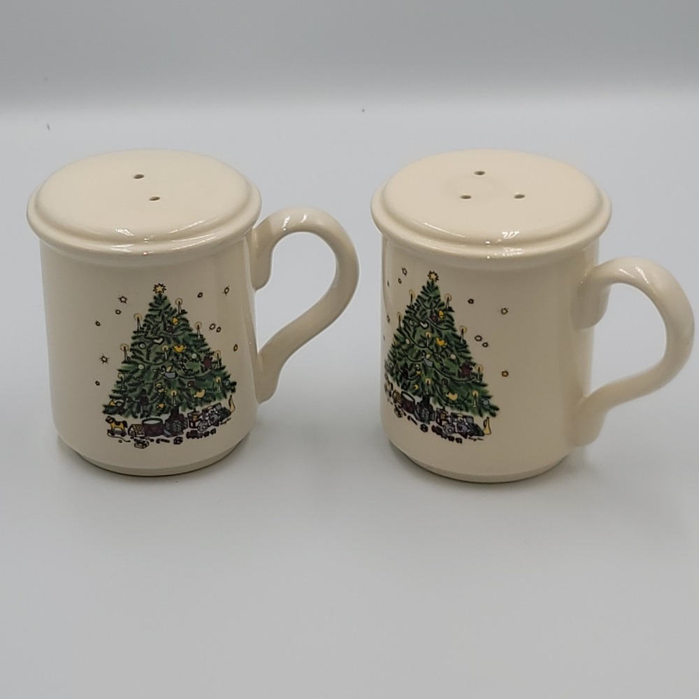 Vermillion Christmas Tree Salt and Pepper Shaker Set Mug Shape Cream Vintage